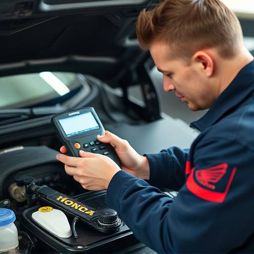 A certified AutoFix Garage mechanic, David Miller, using a diagnostic tool on a Honda Civic engine.