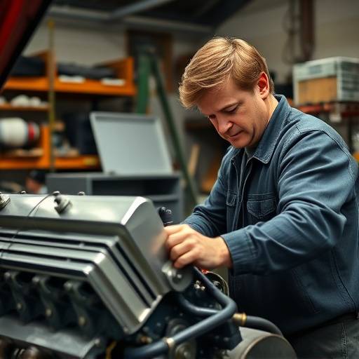 An AutoFix Garage team member, Mark Olsen, meticulously rebuilding a classic Ford Mustang engine.