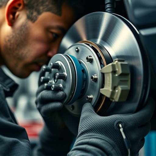 Close-up of brake rotors and calipers being inspected by a mechanic