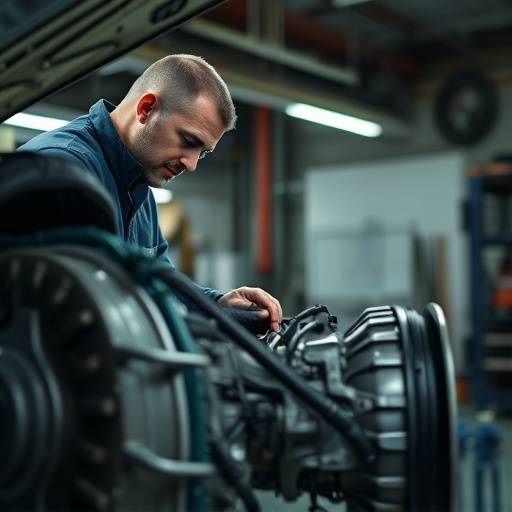 Technician inspecting a transmission at AutoFix Garage