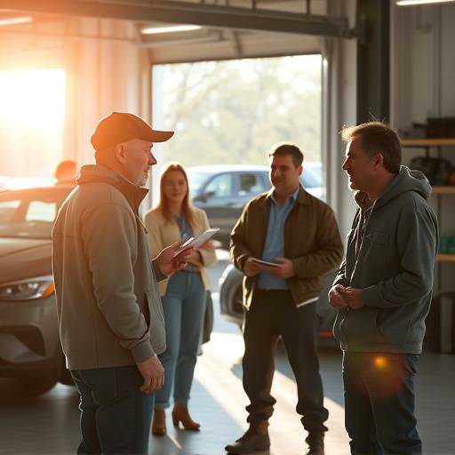 The AutoFix Garage mechanics team during a morning meeting, discussing the day's schedule and sharing expertise.